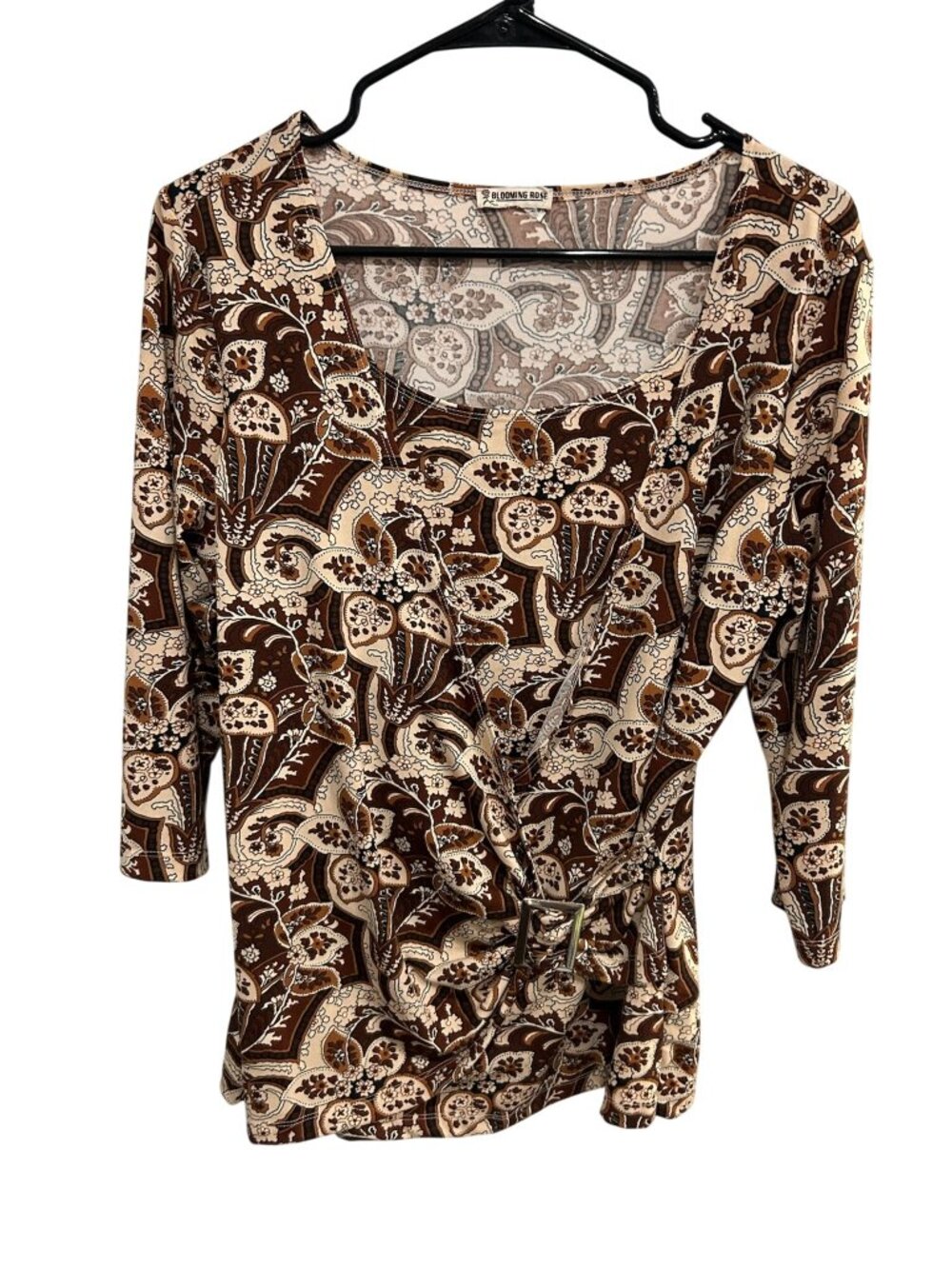 Blooming Rose Womens Brown Beige Floral Wrap Buckle Top Size S Cottagecore Boho